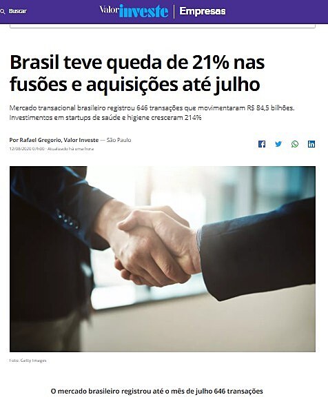 Brasil teve queda de 21% nas fuses e aquisies at julho